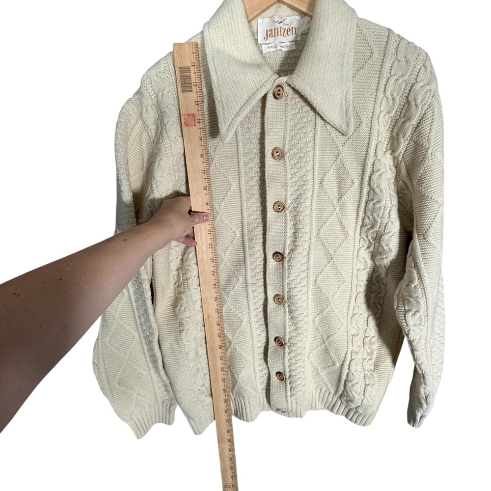 Vintage Jantzen Women's 100% Wool Cream Cable Knit Cardigan Sweater Fisherman L - Picture 7 of 8